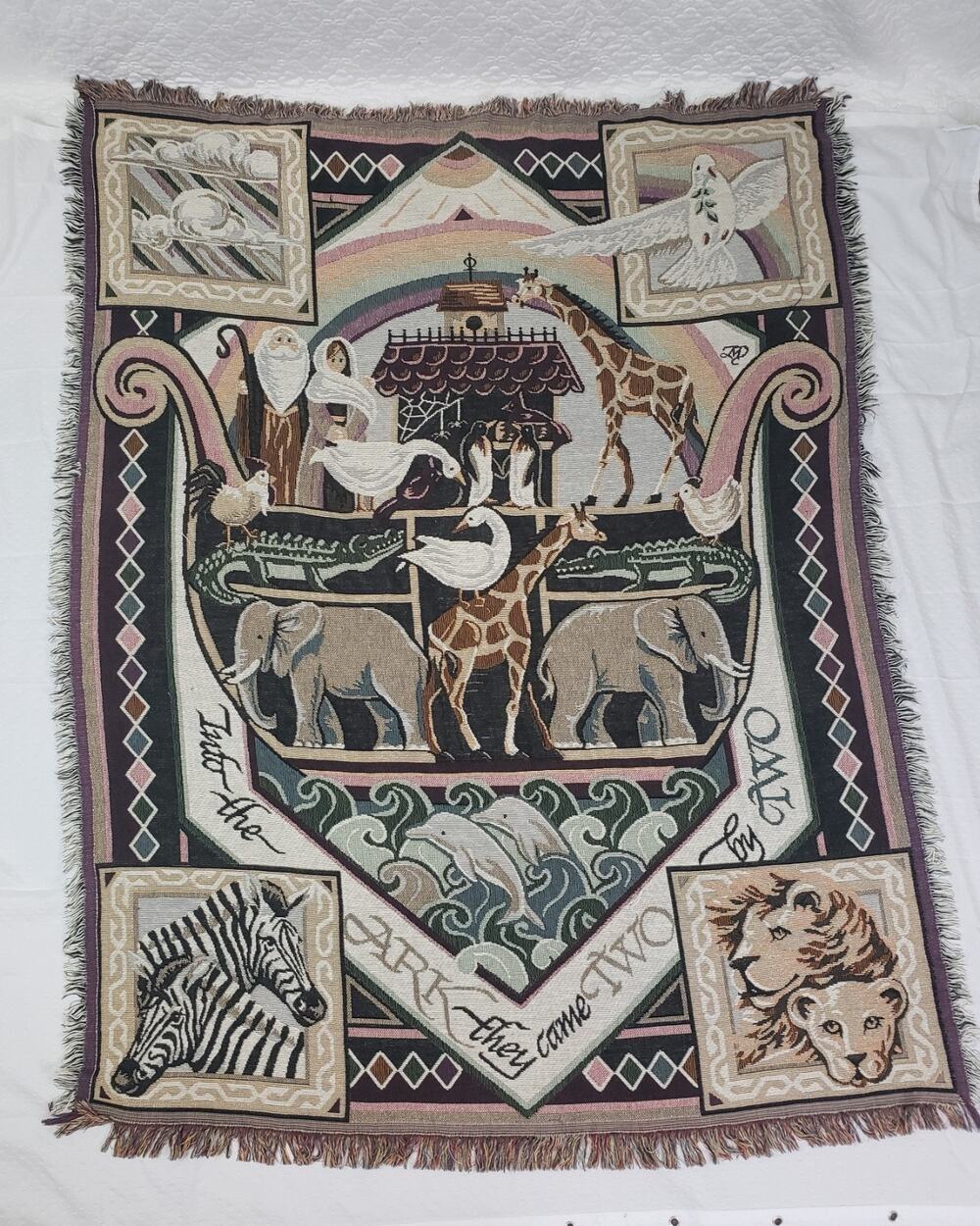 Vintage Tapestry Blanket Noahs Ark Woven Knit Throw 67x51 Animal Elephant USA